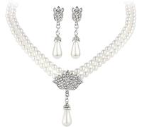 TOFBS Collana Perle Doppio Filo Orecchini Pendenti Goccia Cristalli Brillanti Accessori Eleganti Cerimonia Matrimonio Sposa