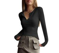 TOFBS Maglietta Donna Maniche Lunghe Scollo V/U con Bottoni Camicetta Casuale Elegante Sexy Camicie Costine Maglie a Manica Lunga Aderente Camicia in Tinta Unita (Nero L)