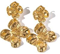 TOFBS Orecchini per Donne 925 Argento Pin 18K Orecchini a Lobo con Petali Floreali a Doppio Fiore Orecchini in Metallo Pendenti Floreali a Fiore d'Oro Ipoallergenici(SET B)