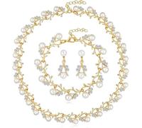 TOFBS Parure Gioielli Donna Foglia Perle Cristalli Collana Bracciale Orecchini Set Elegante Matrimonio Cerimonia Compleanno