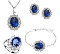 TOFBS Parure Gioielli per Donna Ragazze Zirconi Cubici Collana Orecchini Bracciali e Anelli Set Principessa Diana (Blu reale)