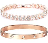 TOFBS Set Bracciale Donna Argento con Zirconi Regolabile Oro Braccialetto Rigido Catena Braccialetti Elegante Set Bracciali per Compleanno Donna Regalo Rosa