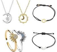 TOFBS Set di Gioielli Sole e Luna Anello Collana Bracciali Parure Argento Oro Regolabili Anelli Pendenti Collana Sole Luna Amicizia Coppia Bff Bigiotteria Regali per Donna SETA