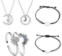 TOFBS Set di Gioielli Sole e Luna Anello Collana Bracciali Parure Argento Oro Regolabili Anelli Pendenti Collana Sole Luna Amicizia Coppia Bff Bigiotteria Regali per Donna SETC