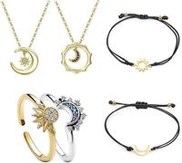 TOFBS Set di Gioielli Sole e Luna Anello Collana Bracciali Parure Argento Oro Regolabili Anelli Pendenti Collana Sole Luna Amicizia Coppia Bff Bigiotteria Regali per Donna SETB