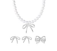 TOFBS Set Gioielli Fiocco Perla Collana Orecchini Anello Elegante Parure Donna Accessori Cerimonia