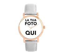 Toff London Regali fotografici personalizzati per le donne, orologio con display analogico e movimento al quarzo giapponese con cinturino in pelle grigia, orologio con incisione personalizzato