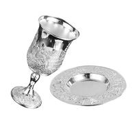 Tofficu Set 1 Calice Kiddush con Piattino Placcato Argento, Coppa Vino Shabbat per Cerimonia Ebraica, Bicchiere Metallo Vintage Resistente per Festa Pesach e Regalo Religioso
