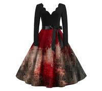TOFOTL Elegante Abito Gotico Donna Lungo a Pelosa Costume Halloween Mercoledi, Curvy， Leggera Maglioncino Gonna Gotica Morticia， Vestito Donna Tasche Corsetto Principessa， 70-Rosso XL