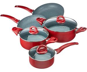 Tognana Rock in Red, Batteria di pentole e padelle, Set con 2 padelle, 3 casseruole, 3 coperchi trasparenti, 8 Pezzi, Alluminio, Rosso