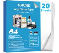 TOJUNE Carta Adesiva in Vinile Stampabile per Stampanti a Getto D'inchiostro, A4-21x29.7 cm, Impermeabile, Taglio Arbitrario, Retro Adesivo (20 Fogli) (Bianco Opaco)