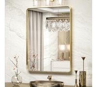 TokeShimi Specchio da bagno da parete, 61 x 81 cm, in ottone spazzolato dorato, con angoli arrotondati, specchio rettangolare con cornice in metallo