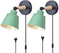 TOKIUS 2 pezzi Lampada da parete Vintage Applique da parete Interno Moderno E27 Metallo e legno Illuminazione da Muro Cucina Industrial Regolabile 240 gradi(Verde-con interruttore)