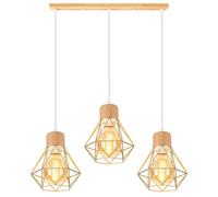 TOKIUS 3 luci Lampada a Sospensione Industriale E27 Plafoniera Retro in Metallo e Legno Ø160mm Lampada da soffitto Gabbia Diamanti Oro Design per Cucina Salotto(3 luci - con barra legno)