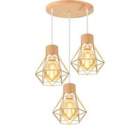 TOKIUS 3 luci Lampada a Sospensione Industriale E27 Plafoniera Retro in Metallo e Legno Ø160mm Lampada da soffitto Gabbia Diamanti Oro Design per Cucina Salotto (B-base rotondo Legno)