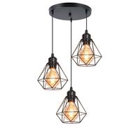 TOKIUS 3 Luci Lampadario a Sospensione Industriale Metallo E27 Lampada da soffitto Gabbia a Forma Plafoniere Interni Nero Per Cucina Camera da letto, Nero-Base Tonda