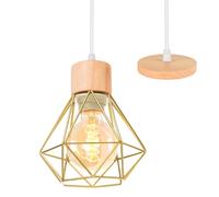 TOKIUS Lampada a Sospensione Industriale E27 Plafoniera Retro in Metallo e Legno Ø160mm Lampada da soffitto Gabbia Diamanti Oro Design per Cucina Salotto