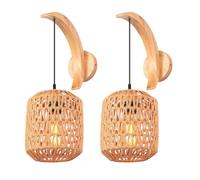 TOKTOP Set di 2 applique da parete per interni in legno E27 corda di canapa in rattan, lampada da parete bohemien, luna, illuminazione da parete vintage, per camera da letto, soggiorno, corridoio,