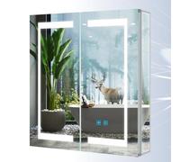 Tokvon® Gemini LED Armadietto da bagno a specchio Mobile da bagno in alluminio con doppia porta, Antiappannamento, Presa per rasatura, Interruttore tattile, LED dimmerabile 65 x 60 cm