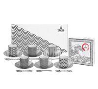 TOKYO Design Studio Nippon Black Espresso Set da caffè espresso nero in bianco e nero, 18 pezzi, 6x tazze espresso con piattini e cucchiai, porcellana asiatica, design giapponese, confezione regalo incl.