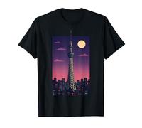 Tokyo Skytree Notte Città Skyline Giappone Retro Luna Art Viaggio Maglietta