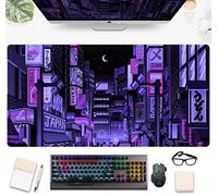Tokyo Street Desk Pad viola, grazioso tappetino per mouse da gioco retrò, tappetino per mouse per tastiera laptop giapponese XXL, tappetino per scrivania estetico neon pixel skyline/città, tappetino