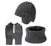 Tolaler Invernali Cappello Sciarpa Guanti Touch Screen Set 3 in 1 per Donna Uomo Caldo Berretto Maglia Pile Foderato Scaldacollo per Sport All'aperto Accessori Sci Regalo Grigio