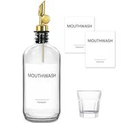 TOLDATLI Dosatore per bocca da bagno, dosatore per bocca in vetro con tazza, boccetta con bicchiere, decanter ricaricabile, trasparente, 1 confezione da 500 ml