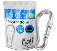 Toldoro® 2x Moschettone acciaio inox con chiusura a vite 70mm / Moschettone multifunzione per altalena, campeggio o slackline/Carabiner/Set di moschettoni piccolo
