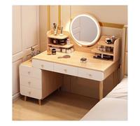 Toletta con Specchio e Illuminazione LED 3 Livelli di Luminosità Regolabile, Porta USB, Armadietti Laterali Scomparsa Sinistra e Destra, 5 Cassetti, 4 Ripiani Aperti, Adatta Alle Donne, Colore Rovere