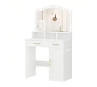 Toletta, specchio grande HD, 2 cassetti e 1 mobiletto portaoggetti, contenitore aperto, oro bianco Acerca de este producto1.[Specchio Grande]Per che cercano i dettagli di bellezza e l'effetto compless