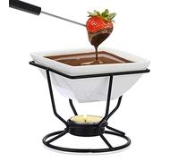 TOLIDA Set per fonduta di cioccolato, bianco, quadrato, con ferro nero, in porcellana, con 2 forchette, mini bruciatore resistente al calore per caramelle, burro e formaggio