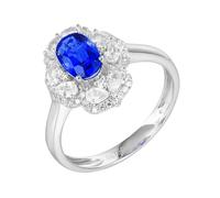 Tolldek Anello di fidanzamento in oro bianco Au750 18 K, con fiori, con laboratorio, realizzato in zaffiro blu, oro 750, con moissanite, misura 47-67, Oro bianco 18 carati (750), Laboratorio Creato