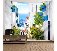 Tolldek Arazzo bianco verde blu 200 x 200 cm, paesaggio natura arazzo europeo architettura floreale arazzo da parete accessorio per camera da letto soggiorno camera dei bambini