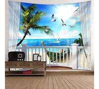 Tolldek Arazzo da parete bianco, verde, blu, 150 x 130 cm, naturale, paesaggio, balcone, palma di cocco, gabbiano, arazzo da parete per camera da letto, dormitorio