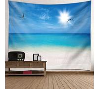 Tolldek Arazzo da parete blu beige, 300 x 256 cm, naturale paesaggio, spiaggia, mare, cielo, gabbiano, arazzo da parete per tovaglia, camera da letto