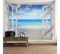 Tolldek Arazzo da parete blu e bianco, 150 x 130 cm, naturale paesaggio da parete per finestra, spiaggia del mare, arazzo da parete per tovaglia, soggiorno, camera da letto
