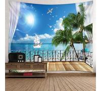 Tolldek Arazzo da parete blu e verde, 150 x 130 cm, decorazione da parete per balcone, palma di cocco