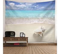 Tolldek Arazzo da parete blu, verde, beige, 200 x 200 cm, paesaggio naturale, conchiglie, perle, spiaggia, mare, arazzo da parete per tovaglia, soggiorno, camera da letto