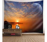 Tolldek Arazzo da parete con paesaggio naturale, 150 x 150 cm, tramonto, lago, luna, arazzo, arazzo, arancione, marrone, blu, decorazione per la casa, per il soggiorno, la cameretta dei bambini