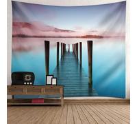 Tolldek Arazzo da parete con paesaggio naturale, blu, verde, grigio, da appendere al lago, in legno, decorazione per la casa, per camera da letto, 260 x 240 cm