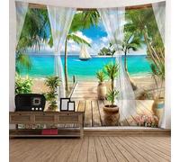 Tolldek Arazzo da parete marrone, verde, blu, 150 x 130 cm, paesaggio naturale, casa estiva, palma di cocco, telo da parete per soggiorno, cameretta dei bambini