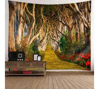 Tolldek Arazzo da parete marrone, verde, rosso, 200 x 200 cm, paesaggio naturale, arazzo, appassito, albero, sentiero, arazzo da parete per soggiorno, camera da letto, dormitorio, decorazione da
