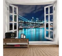 Tolldek Arazzo da parete naturale paesaggio, 150 x 150 cm, per finestra, vista notturna, città, decorazione da parete blu e bianco, decorazione per la casa del soggiorno, dormitorio