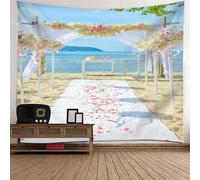 Tolldek Arazzo da parete naturale paesaggio, 240 x 220 cm, mare, spiaggia, luogo di matrimonio, blu, beige, rosa, decorazione per la casa, per il soggiorno, la cameretta dei bambini