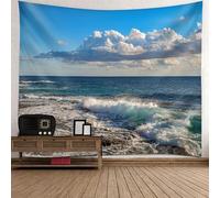 Tolldek Arazzo da parete naturale paesaggio 240 x 220 cm, spiaggia mare cielo telo da parete blu verde arazzo per tovaglia camera da letto