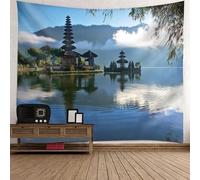 Tolldek Arazzo da parete naturale paesaggio, 350 x 256 cm, arazzo a torre di lago, blu e verde, decorazione per la casa, per il soggiorno