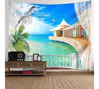Tolldek Arazzo da parete naturale paesaggio 350 x 256 cm, case vacanze al mare gabbiano, arazzo da parete multicolore per tovaglia, soggiorno, camera da letto