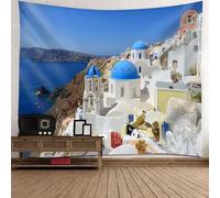 Tolldek Arazzo da parete naturale paesaggio, 350 x 256 cm, città costiera, blu e bianco, decorazione per la casa, per il soggiorno, la camera da letto