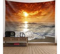 Tolldek Arazzo da parete naturale paesaggio, 350 x 256 cm, mare, spiaggia, alba, arazzo da parete grigio, giallo, arancione, arancio per tovaglia, soggiorno, camera da letto